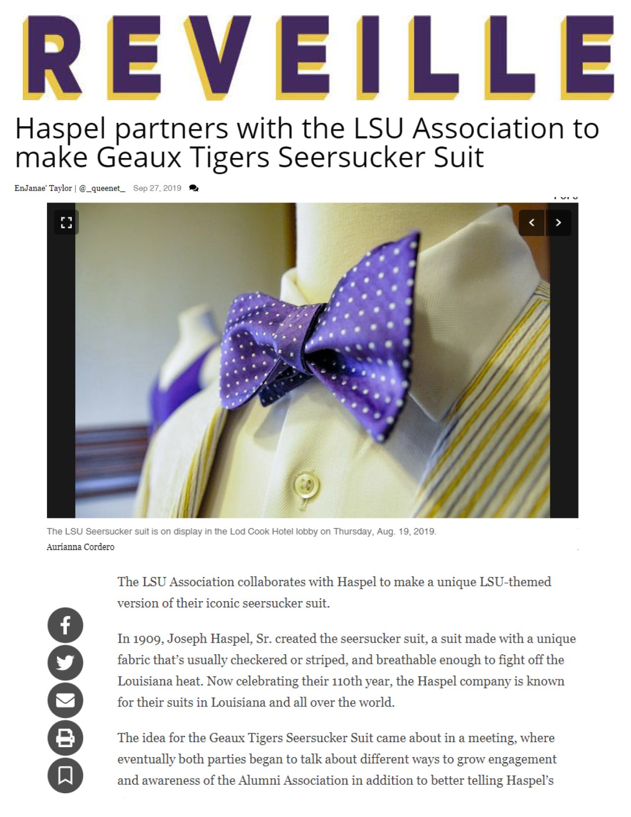 Haspel partners with the LSU Association to make Geaux Tigers Seersucker Suit | REVEILLE | SEPTEMBER 2019