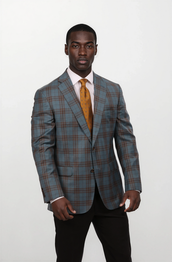 Men's Sport Coat | Audubon Azure with Brown Check Sport Coat | Haspel