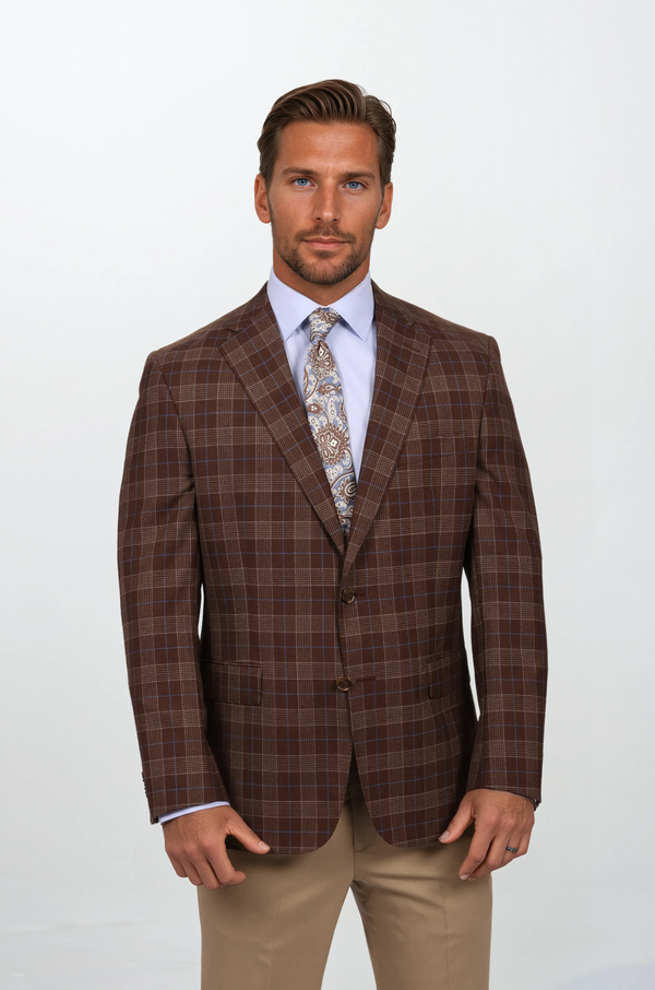 Men's Sport Coat | Audubon Brown Plaid Blue Deco Sport Coat | Haspel