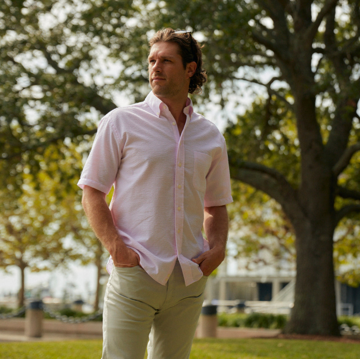 Seersucker all year long in a soft pink seersucker shirt. Subtle, lightweight, and a texture they begs a second look.  100% Cotton Seersucker • Button Down Collar • Short Sleeve • Chest Pocket • Machine Washable • Imported