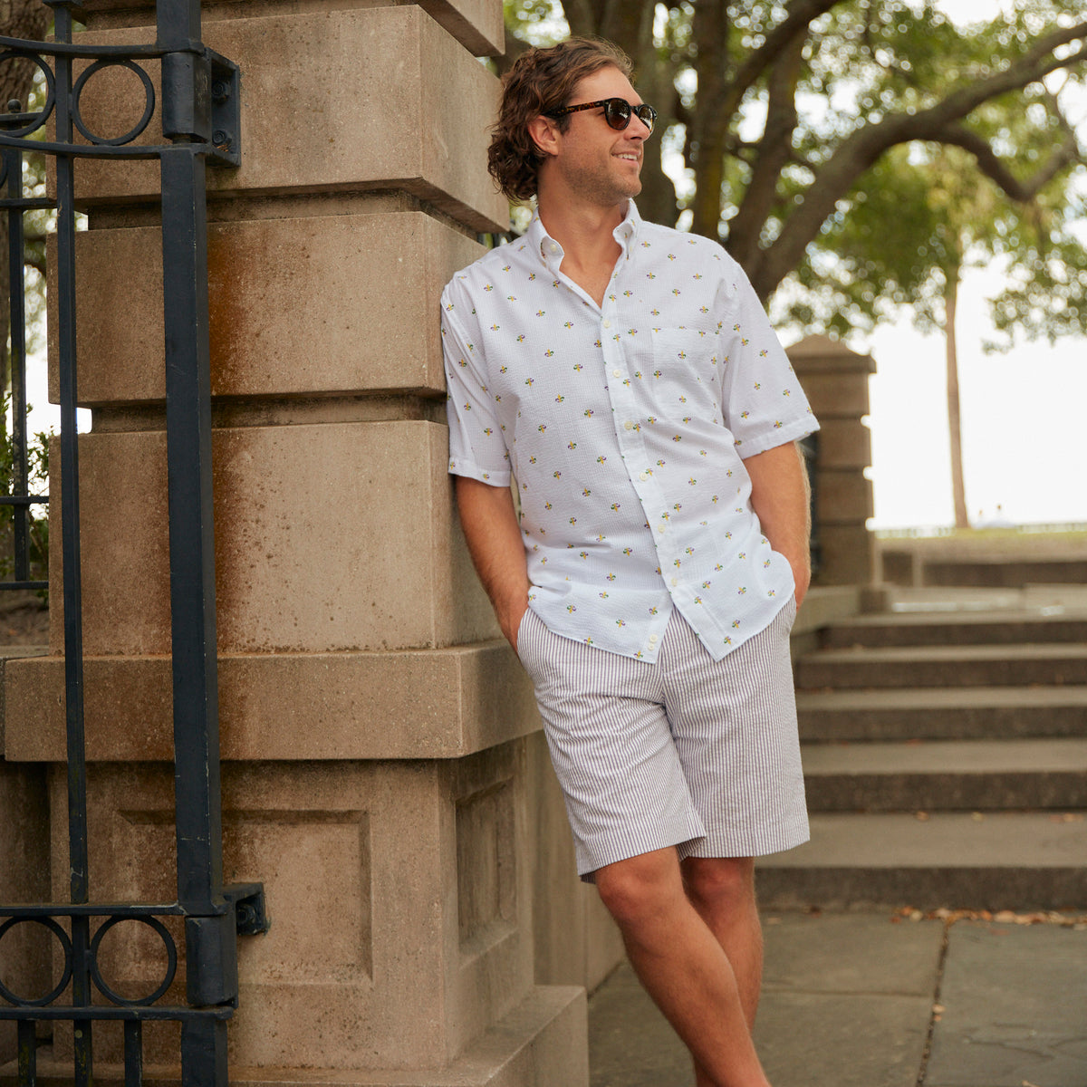 Landreau White Seersucker Woven With Printed Fleur De Lis