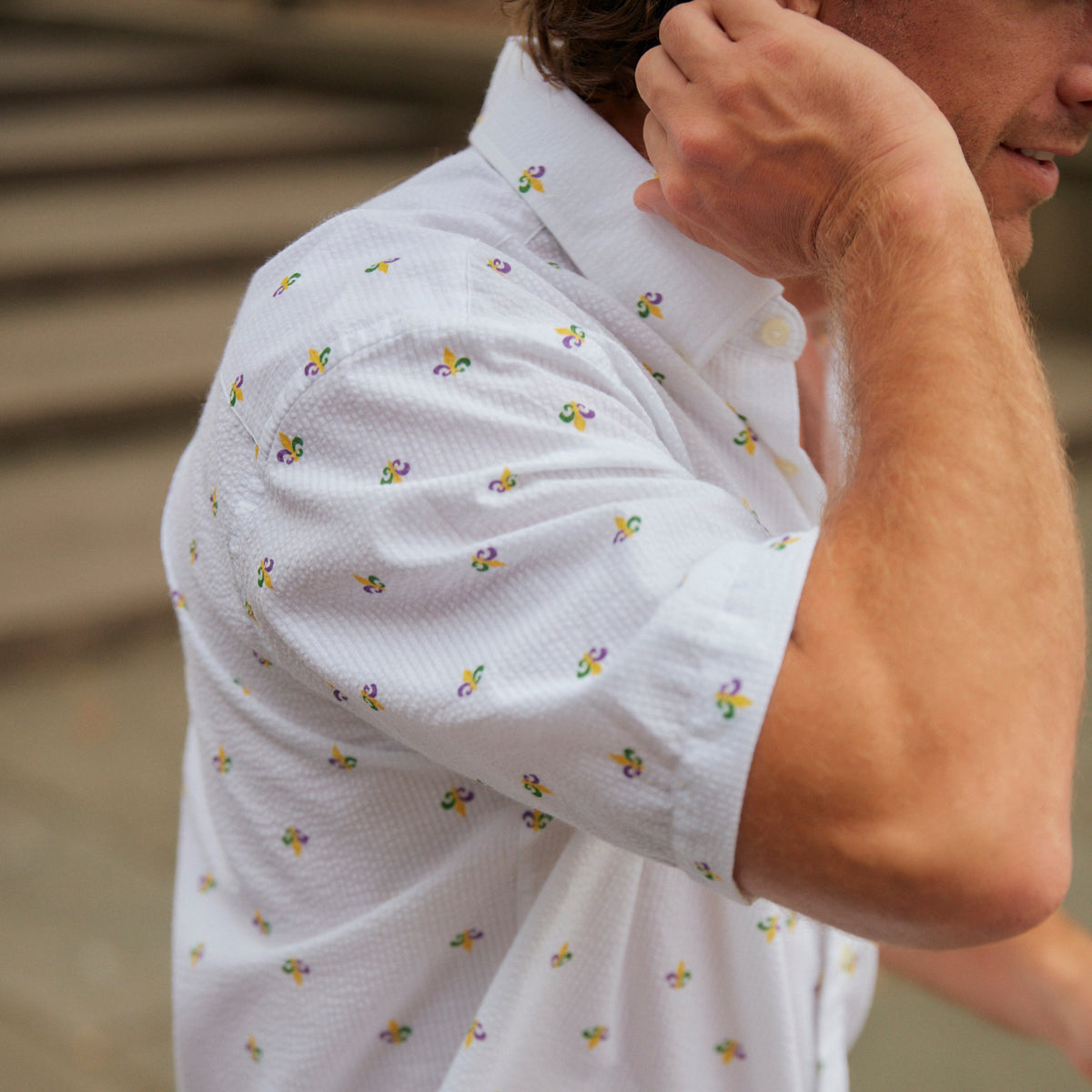 Landreau White Seersucker Woven With Printed Fleur De Lis