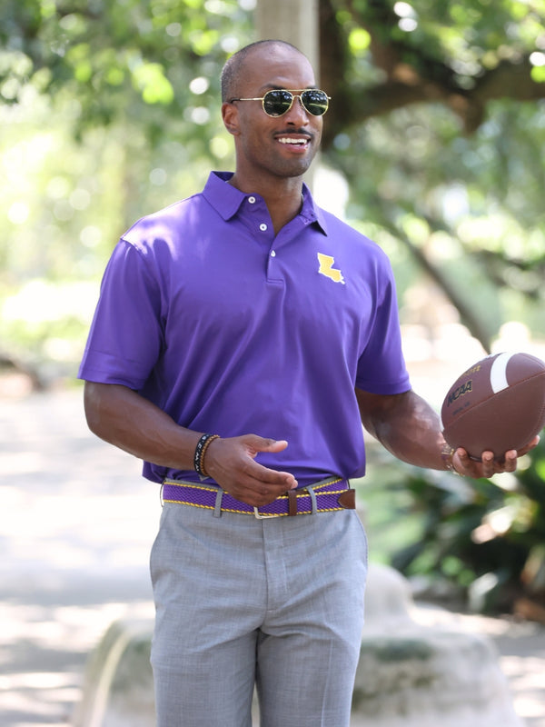 open lace back dress Men's Shirts | Game Day in Louisiana Purple Performance Polo
