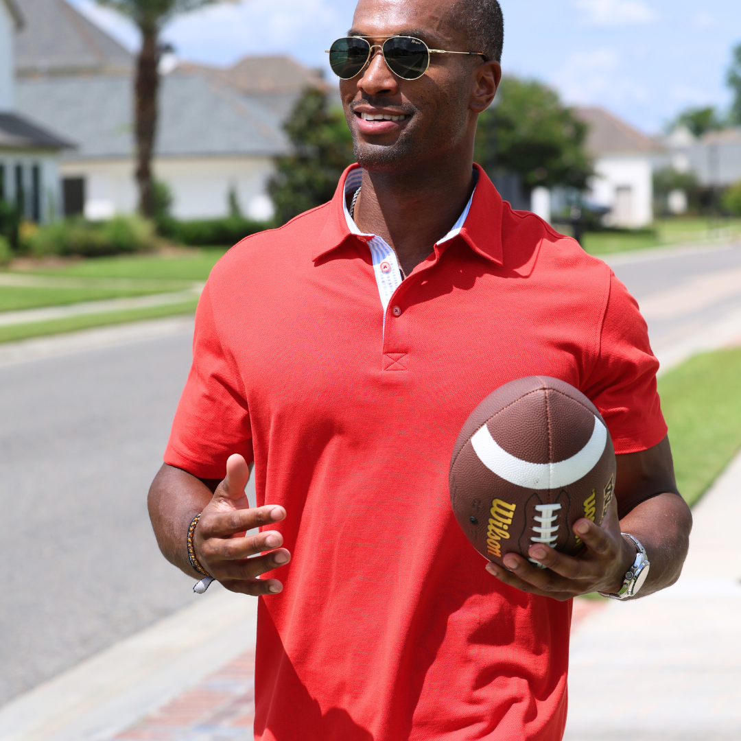 Corta TAILORED FIT Red Polo with Lt. Blue Seersucker Trim