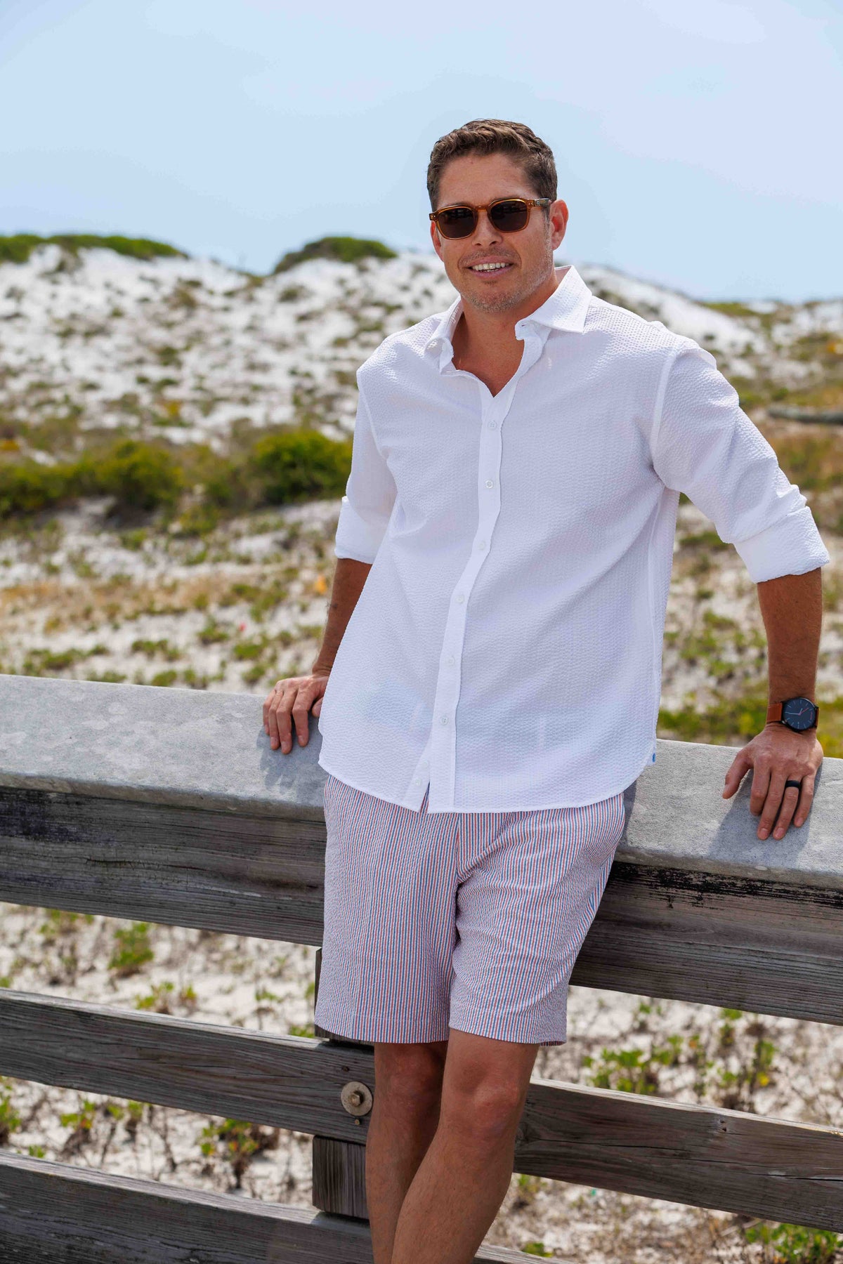 Chartres Long Sleeve White Solid Seersucker