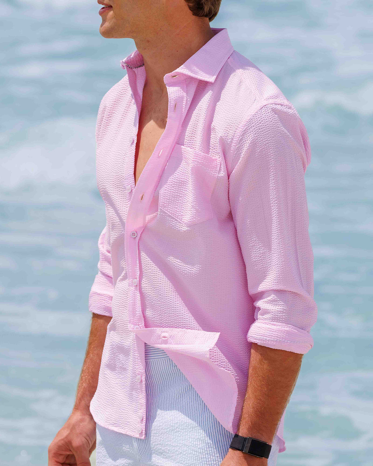 Chartres Long Sleeve Solid Pink Seersucker
