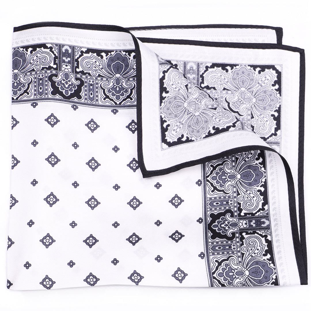 White with Black Paisley Border Silk Pocket Square