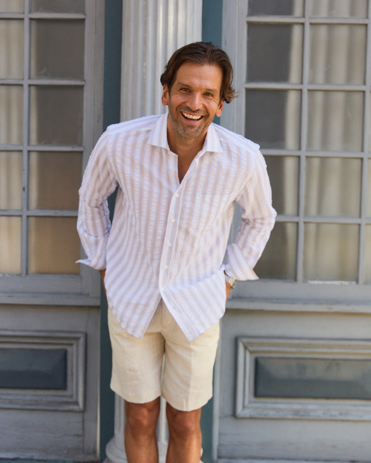 Chartres Tan & Blue Bold Seersucker Stripe