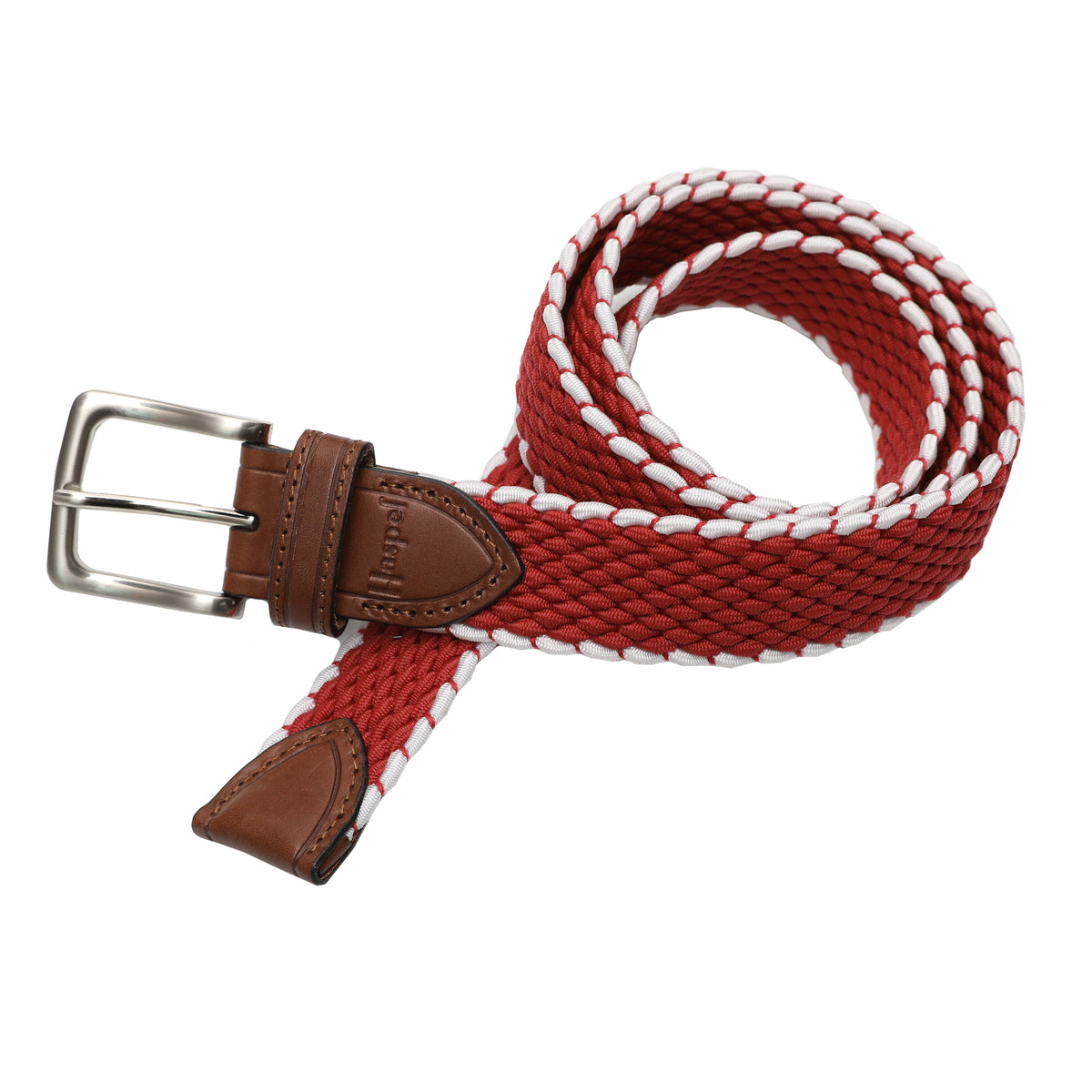 Crafted to add a rich style to any look, our elastic belts feature a leather tab, antique nickel finish buckle, and color choices to support our favorite collegiate teams.   Braided elastic • Briar Waxy Leather Points • 1-3/8&quot; wide • Antique Nickel Finish Buckle • Imported • Always order belts one size above your natural waist size. • Return Policy
