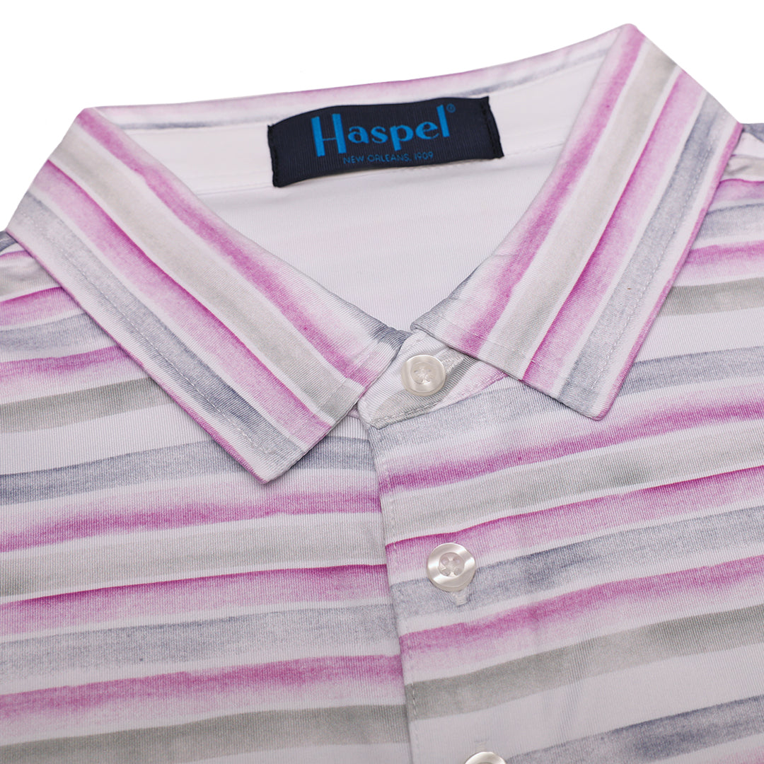 Elevate your golf game or casual game with our regal Clubhouse Violet & Gray Stripe Performance Polo. The violet and grey pattern offers both elegance and premium performance for an exclusive and sophisticated feel.