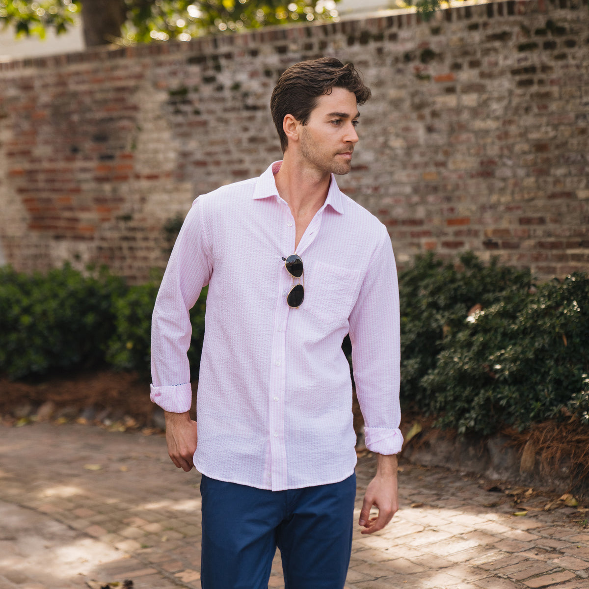 <p>Pretty in pink and stunning in seersucker. Ready for all your spring good times.</p> <p>100% Cotton Seersucker • Spread Collar • Long Sleeve • Chest Pocket • Machine Washable • Made in Italy<span data-mce-fragment="1"> </span></p>