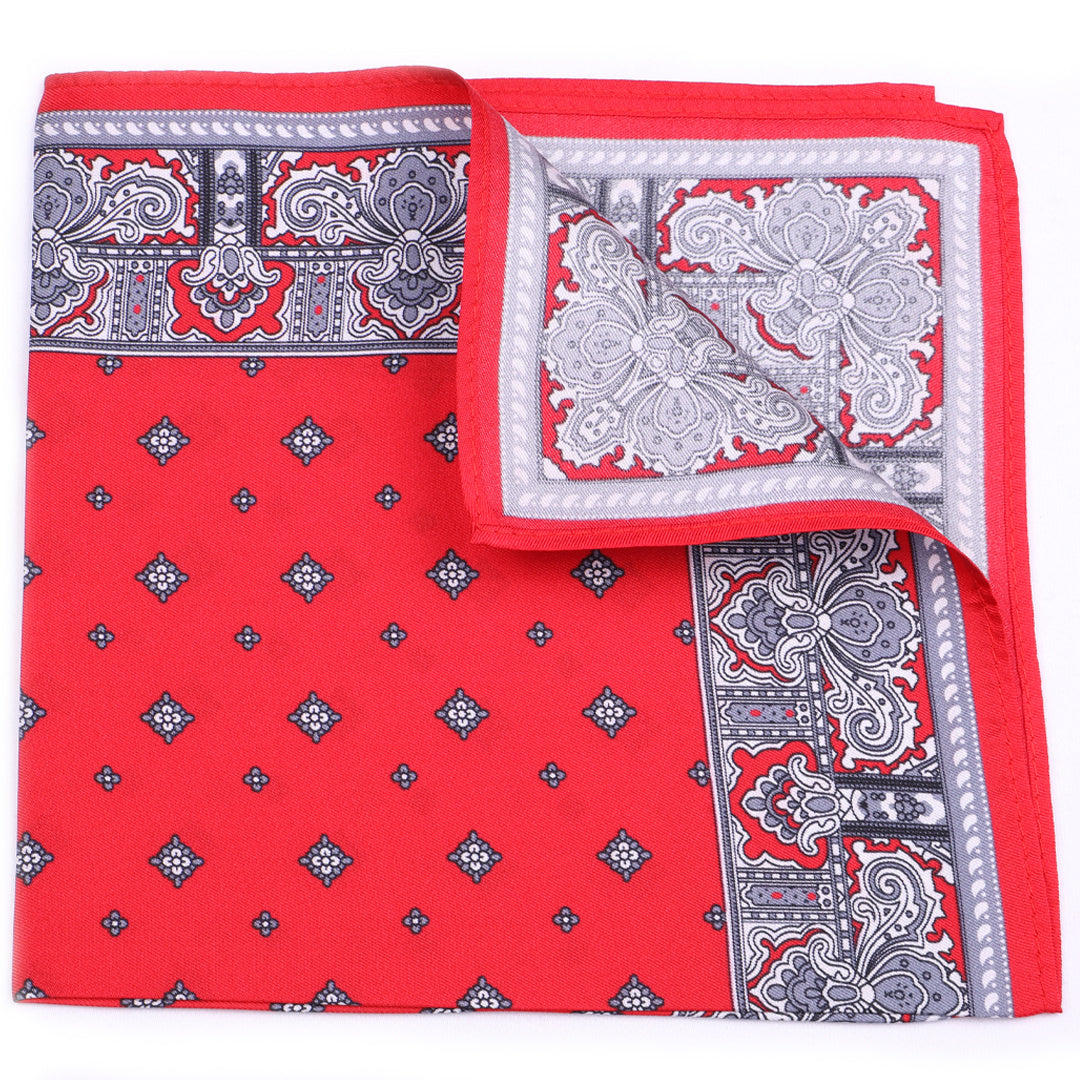 Red with Paisley Border Silk Pocket Square