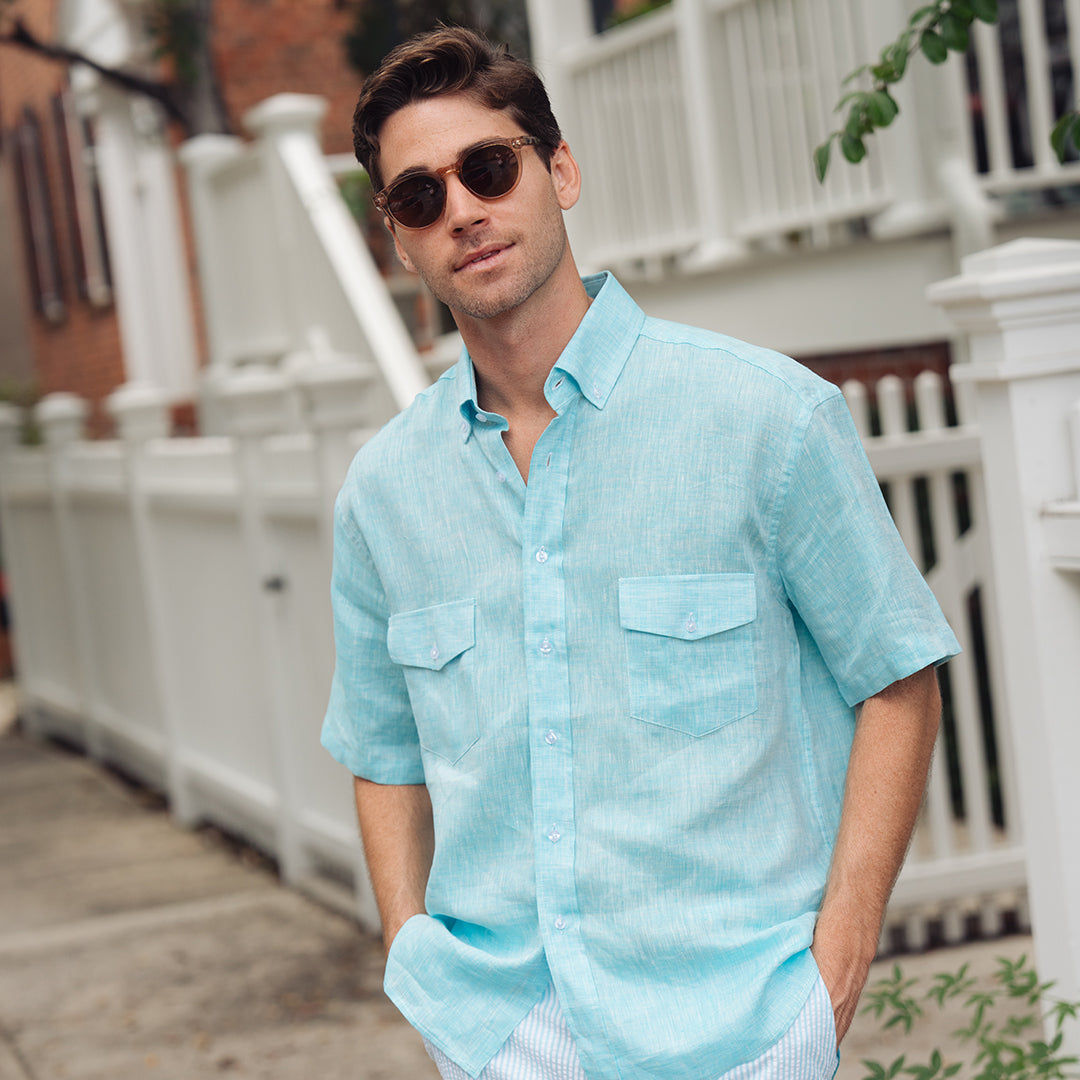 Sea Breeze Short Sleeve Teal Linen Shirt