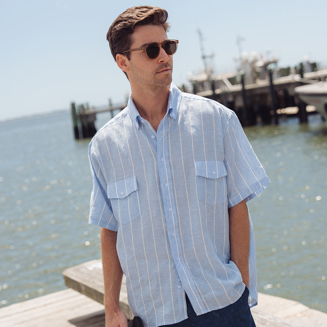 Sea Breeze Short Sleeve Blue Stripe Linen Shirt