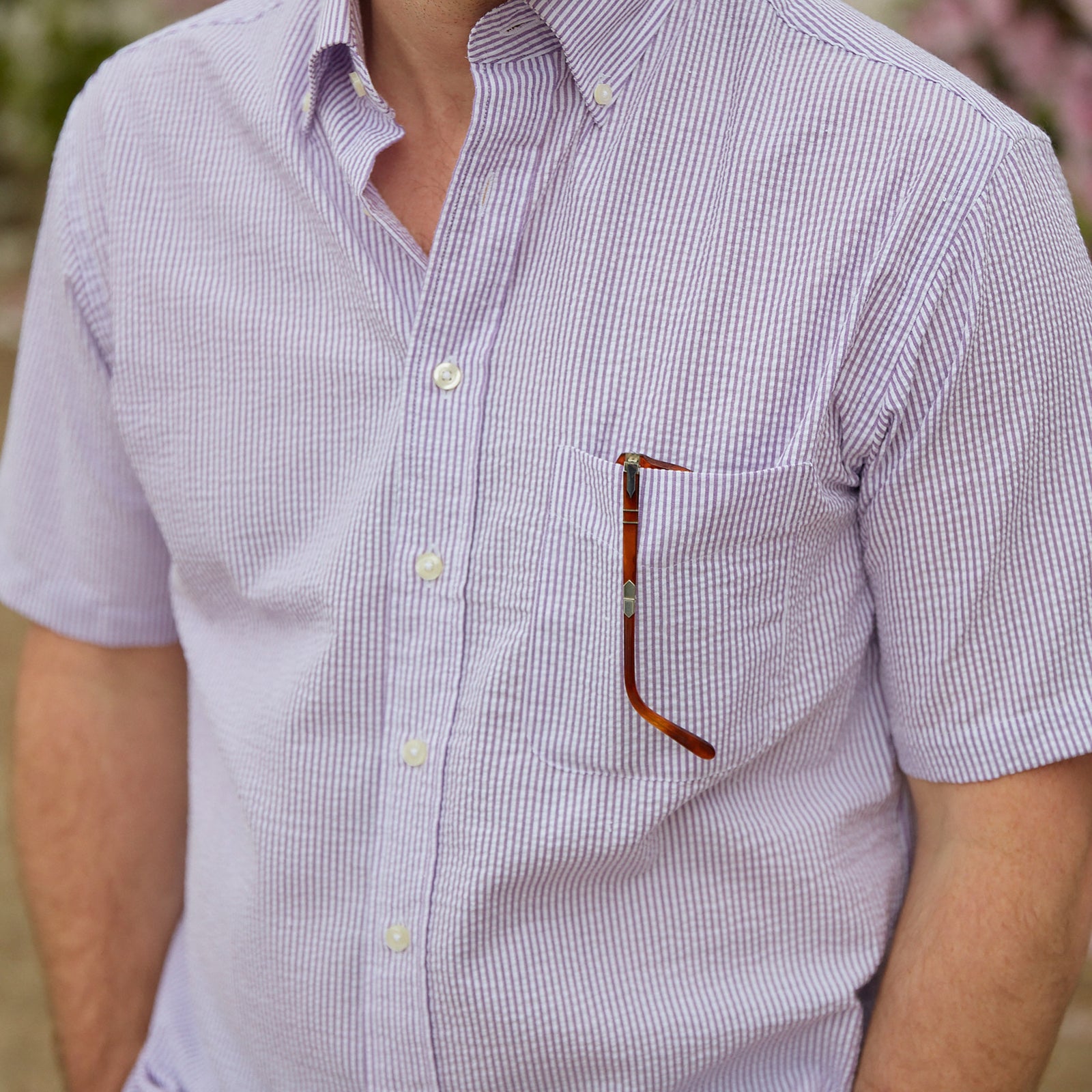 Seersucker all year long in a lavender purple seersucker shirt. Subtle, lightweight, and a texture they begs a second look.  100% Cotton Seersucker • Spread Collar • Short Sleeve • Chest Pocket • Machine Washable • Made in Italy