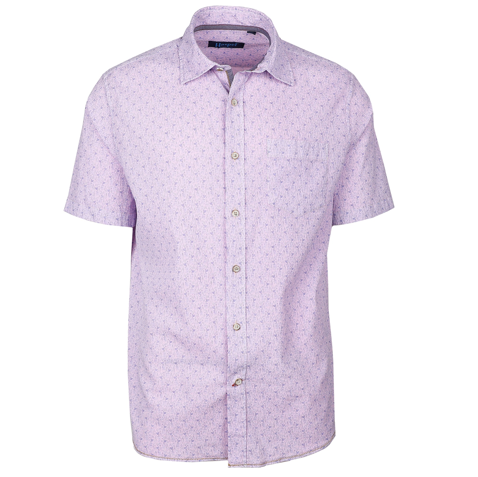 Be effortlessly stylish and comfortable in any season with the Paestum Pink Early Bird Short Sleeve Shirt. Made from lightweight seersucker fabric that's expertly dyed to create a distinctive look, this shirt will keep you looking cool even in warm weather. Get ready to turn heads with this striking style.  100% Cotton Seersucker • Short Sleeve • Spread Collar • No Chest Pocket • Machine Wash • Made in Italy