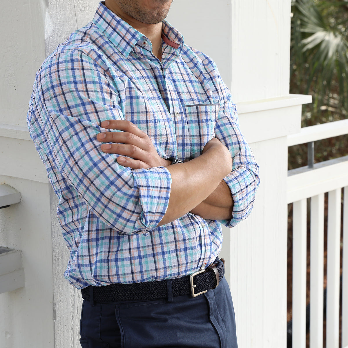 Look oh-so-cool and stay feeling hot with this Naples Royal Blue & Teal Long Sleeve Check Seersucker Shirt. Crafted from lightweight seersucker fabric that's craft fully dyed for a unique look, you'll be ready for warm weather, whatever the season. Pucker up for a style that'll have onlookers in awe.