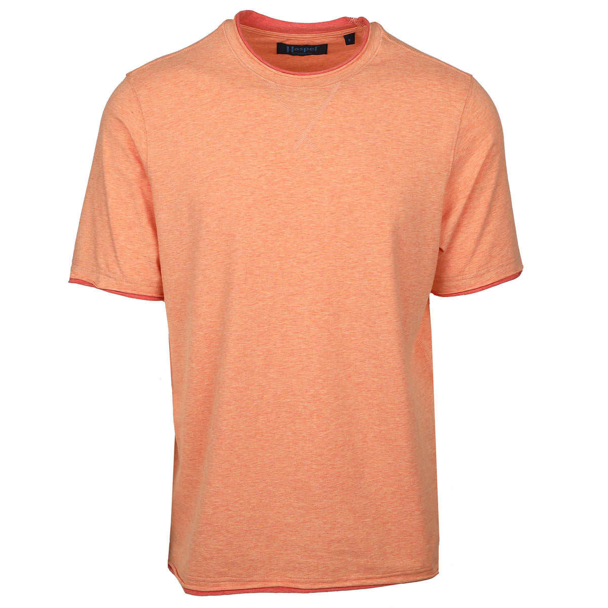 Step out into the warm weather in confidence with the Pompeii Melange Contrast Crew T-Shirt. Crafted from 100% cotton, this peach t-shirt stands out with a sharp orange contrast. Take on the summer with a daring fashion statement and make a statement wherever you go.   100% Luxe Cotton • Relaxed Fit • Contrast Edging • Machine Washable • Imported