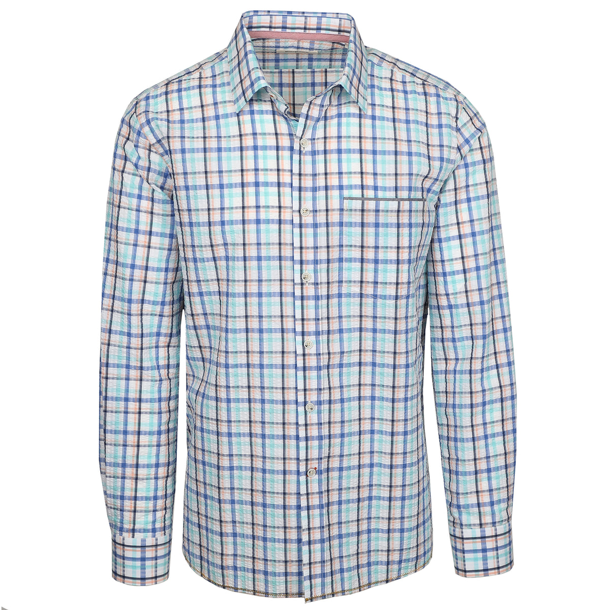 Look oh-so-cool and stay feeling hot with this Naples Royal Blue & Teal Long Sleeve Check Seersucker Shirt. Crafted from lightweight seersucker fabric that's craft fully dyed for a unique look, you'll be ready for warm weather, whatever the season. Pucker up for a style that'll have onlookers in awe.
