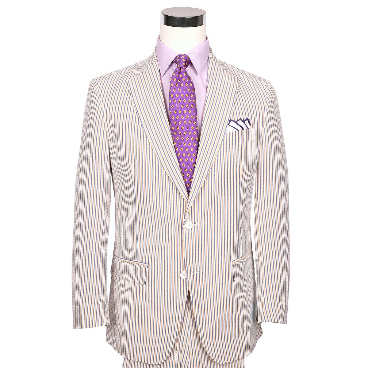 Show your purple &amp; gold spirit in our Audubon Purple &amp; Gold Seersucker Suit.  ** Pant waist is 6&quot; smaller than the chest measurement. For example, if you order a 40R jacket, the pant size will be 34 **  100% Cotton Haspel Exclusive Seersucker • Maximized Seersucker Pucker • Audubon Classic Fit • Natural Shoulder • Two Buttons • Flap Pockets • 3/4 Lined for Maximum Cool • Side Vents • Notch Lapel • Dry Clean • Imported