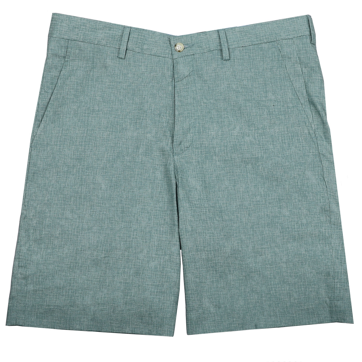 Keep it in neutral with a little intrigue with sage green and subtle crosshatch printed on 100% cotton warm weather ready shorts.  100% Cotton • Traditional Fit • Flat Front • Button Through Closure • Two Front Slash Pockets • 9&quot; Inseam • Machine Washable • Imported 