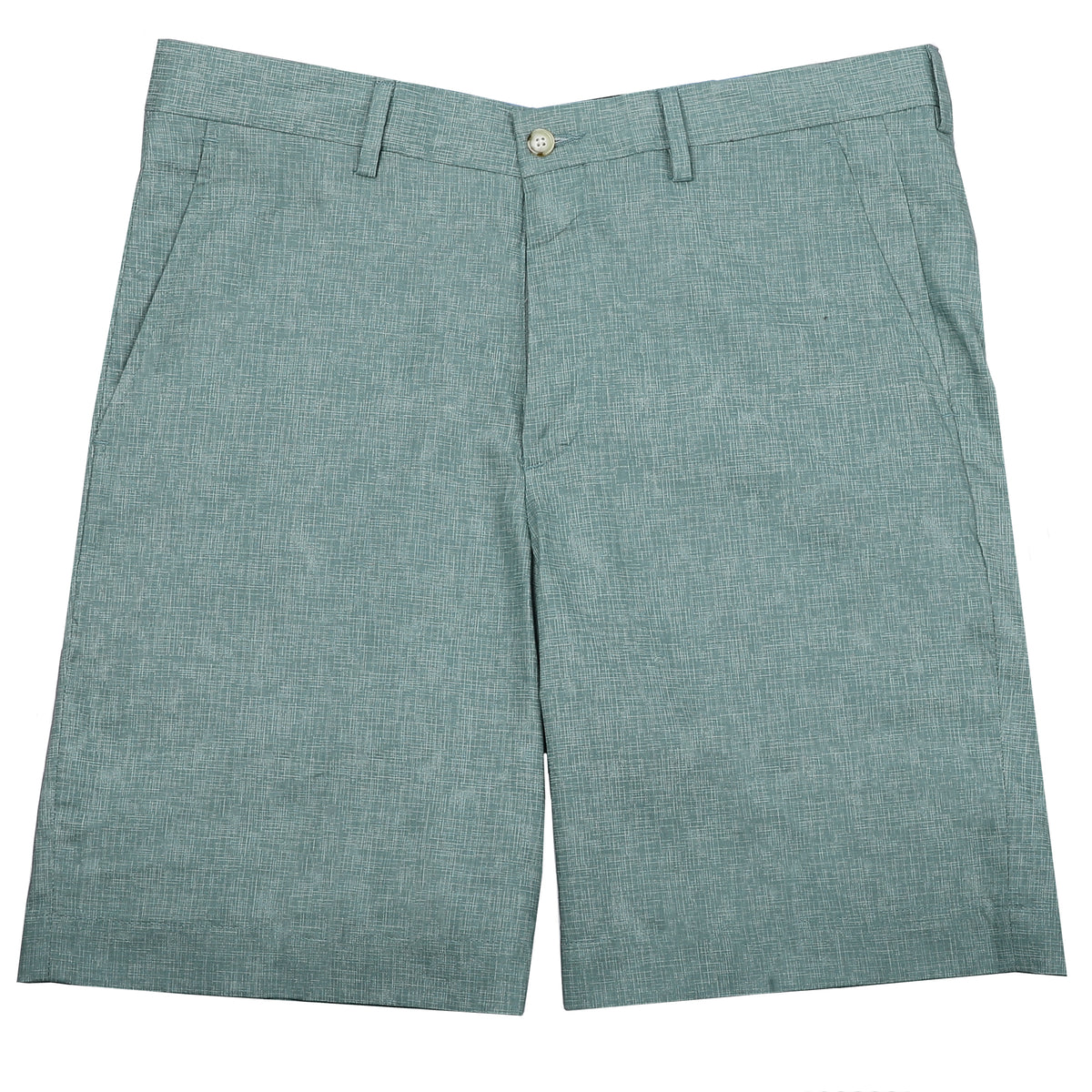 Keep it in neutral with a little intrigue with sage green and subtle crosshatch printed on 100% cotton warm weather ready shorts.  100% Cotton • Traditional Fit • Flat Front • Button Through Closure • Two Front Slash Pockets • 9" Inseam • Machine Washable • Imported