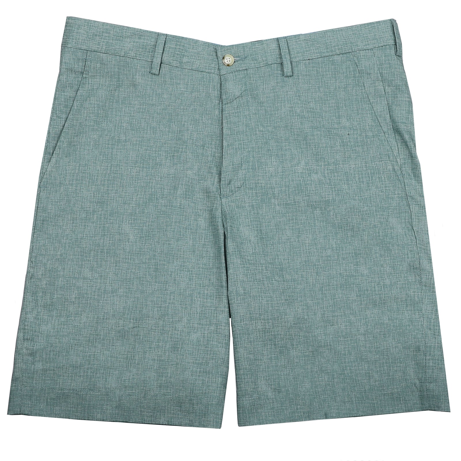 Keep it in neutral with a little intrigue with sage green and subtle crosshatch printed on 100% cotton warm weather ready shorts.  100% Cotton • Traditional Fit • Flat Front • Button Through Closure • Two Front Slash Pockets • 9" Inseam • Machine Washable • Imported