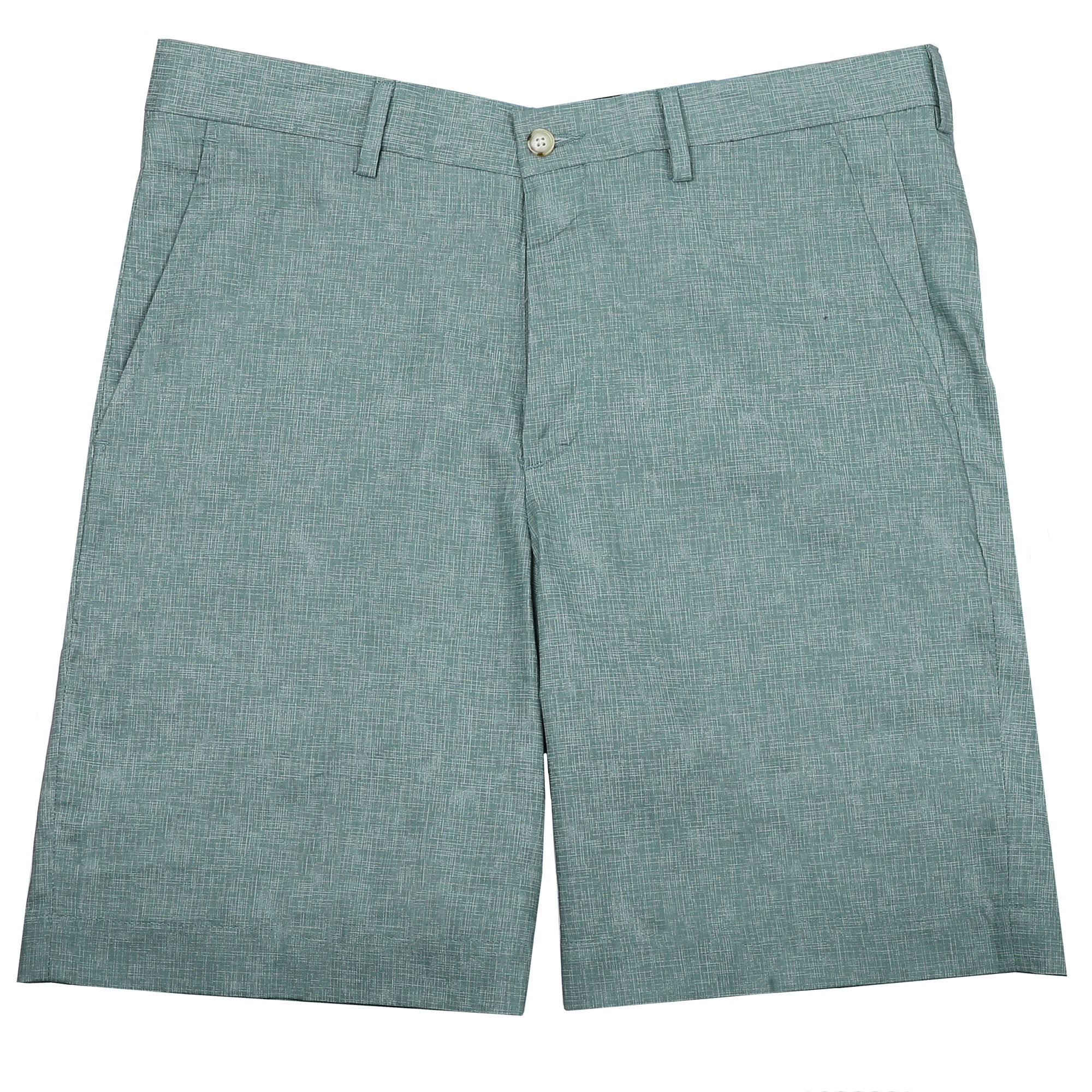 Keep it in neutral with a little intrigue with sage green and subtle crosshatch printed on 100% cotton warm weather ready shorts.  100% Cotton • Traditional Fit • Flat Front • Button Through Closure • Two Front Slash Pockets • 9" Inseam • Machine Washable • Imported 