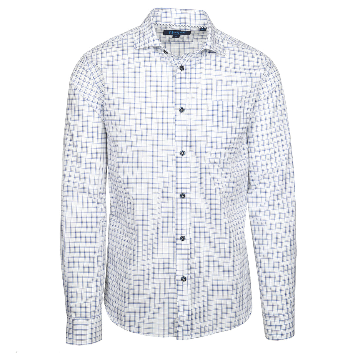 Enjoy the luxury of 100% cotton, Italian made quality, and light blue double check.  100% Cotton • Spread Collar • Long Sleeve • Chest Pocket • Machine Washable • Made in Italy