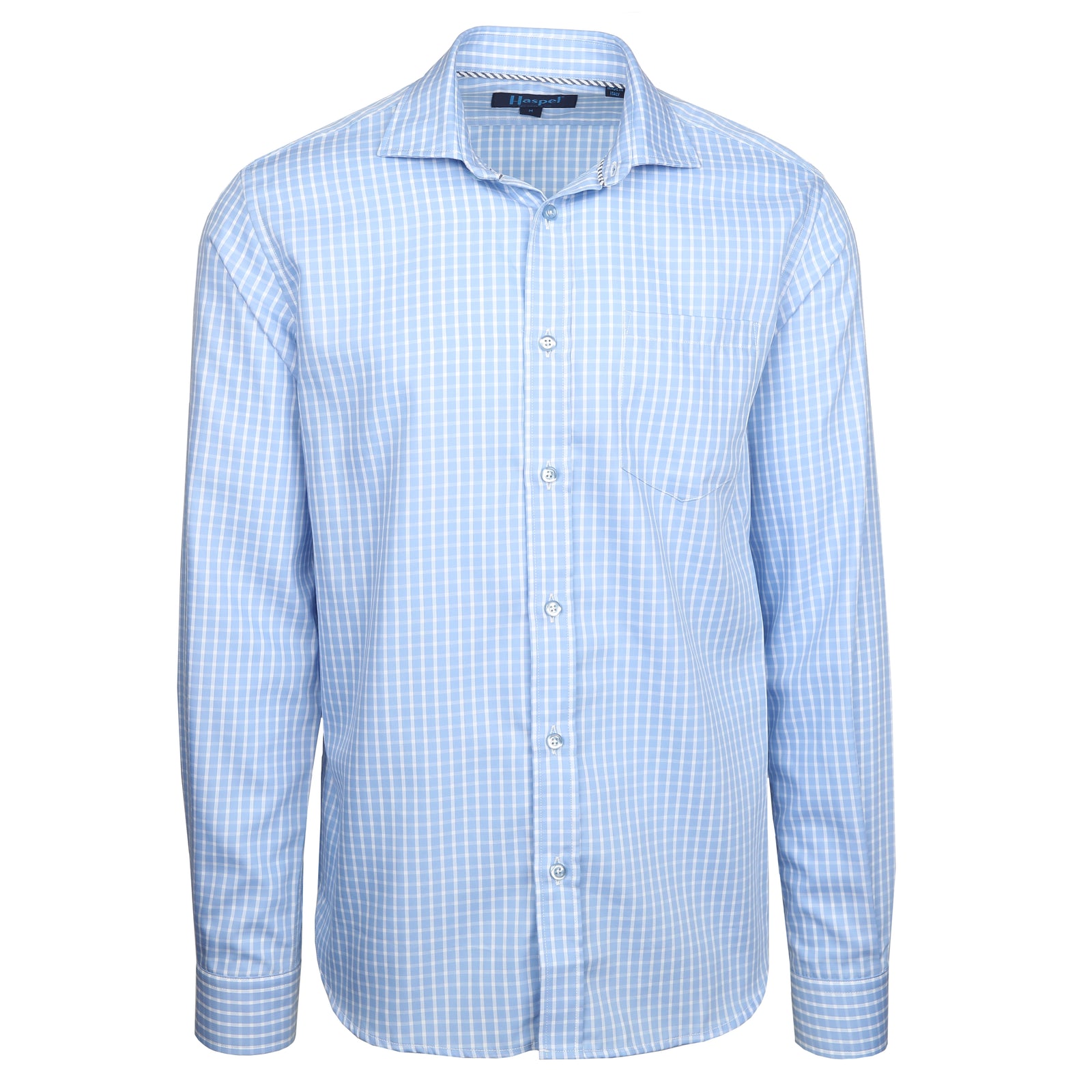 Enjoy the luxury of 100% cotton, Italian made quality, and a subdued light blue and white graph check.  100% Cotton • Spread Collar • Long Sleeve • Chest Pocket • Machine Washable • Made in Italy