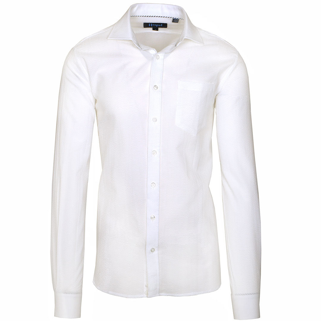 A solid look for a solid guy. THE white shirt you need this season. Seersucker, lightweight, and supremely cool. Available in short or long sleeve.  100% Cotton Seersucker  •  Spread Collar  •  Long Sleeve  •  Chest Pocket  •  Machine Washable  •  Made in Italy