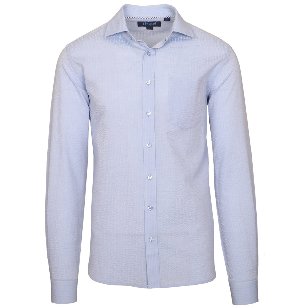 A solid look for a solid guy. The most beautiful light blue long sleeve shirt soon to be on your statuesque frame. Seersucker, lightweight, and supremely cool.  100% Cotton Seersucker  •  Spread Collar  •  Long Sleeve  •  Chest Pocket  •  Machine Washable  •  Made in Italy