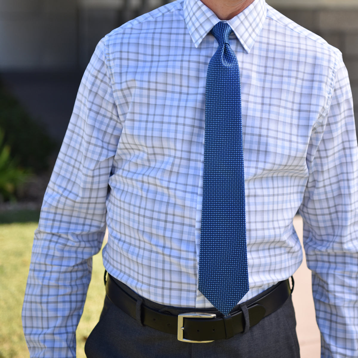 Light Blue & Grey Plaid Tailored Fit Dress Shirt