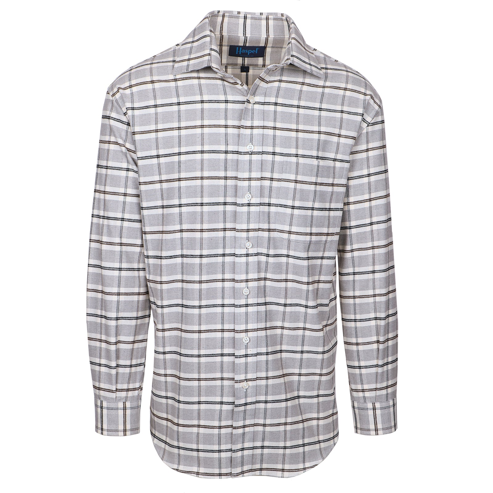 Kick it in neutral gray plaid. Classic style and brushed cotton for comfort.  100% Cotton • Long Sleeve • Spread Collar • Chest Pocket • Classic Fit