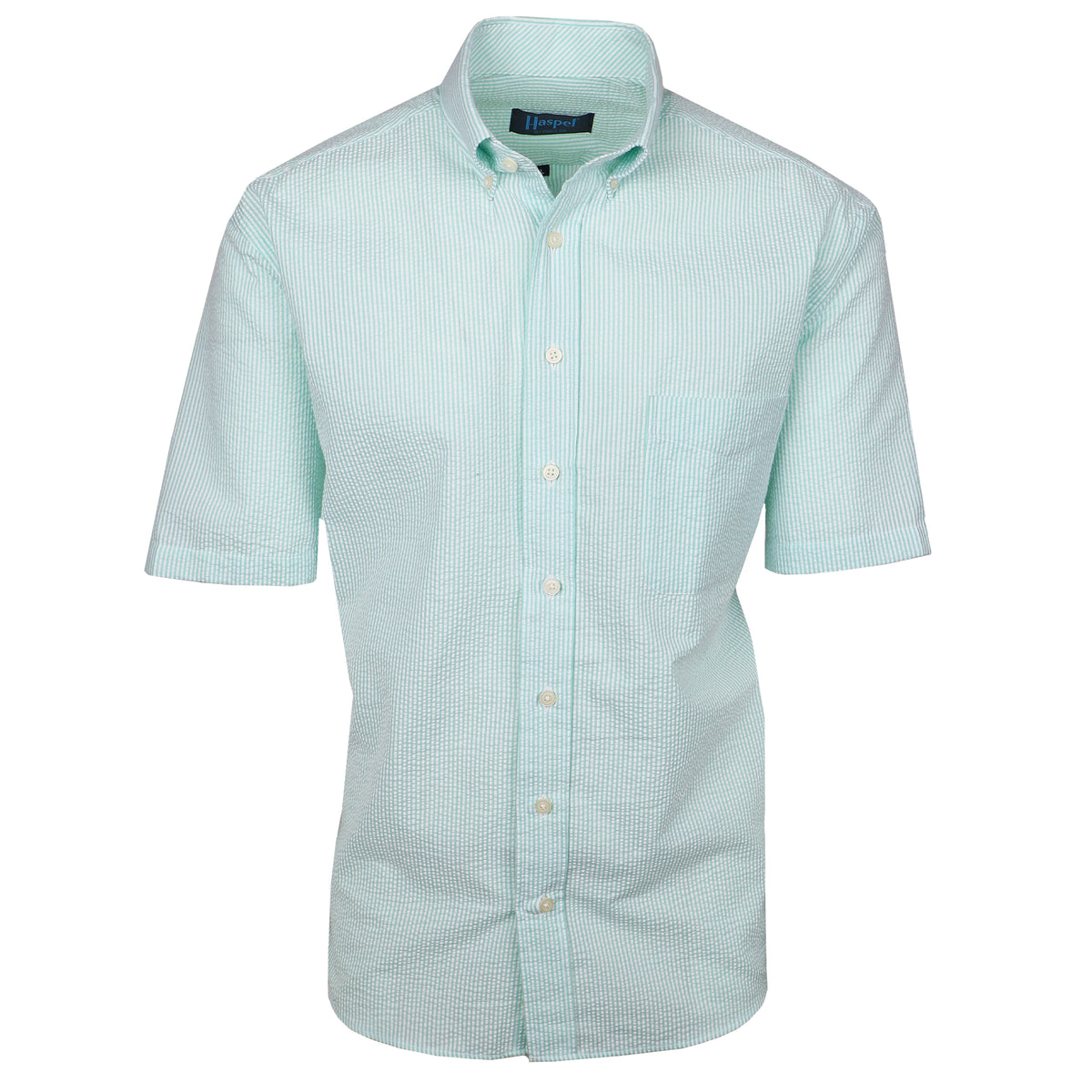 Seersucker all year long in a minty green seersucker shirt. Subtle, lightweight, and a texture they begs a second look.  100% Cotton Seersucker • Spread Collar • Short Sleeve • Chest Pocket • Machine Washable • Made in Italy