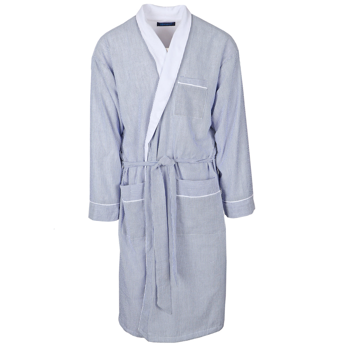 Soft and light and oh-so-right. Our seersucker robe is perfect for those lazy days around the house. Looks stunning while scratching absolutely nothing off of your honey-do list.  Lined with Moisture Wicking Terry Cloth Fabric  •  Machine Washable  •  100% Cotton Seersucker  •  Left Chest Pocket  •  Two Patch Pockets  •  Inner Tie  •  Outer Belt Tie with Loops  •  Navy &amp; White Seersucker  •  One Size Fits All  •  Imported