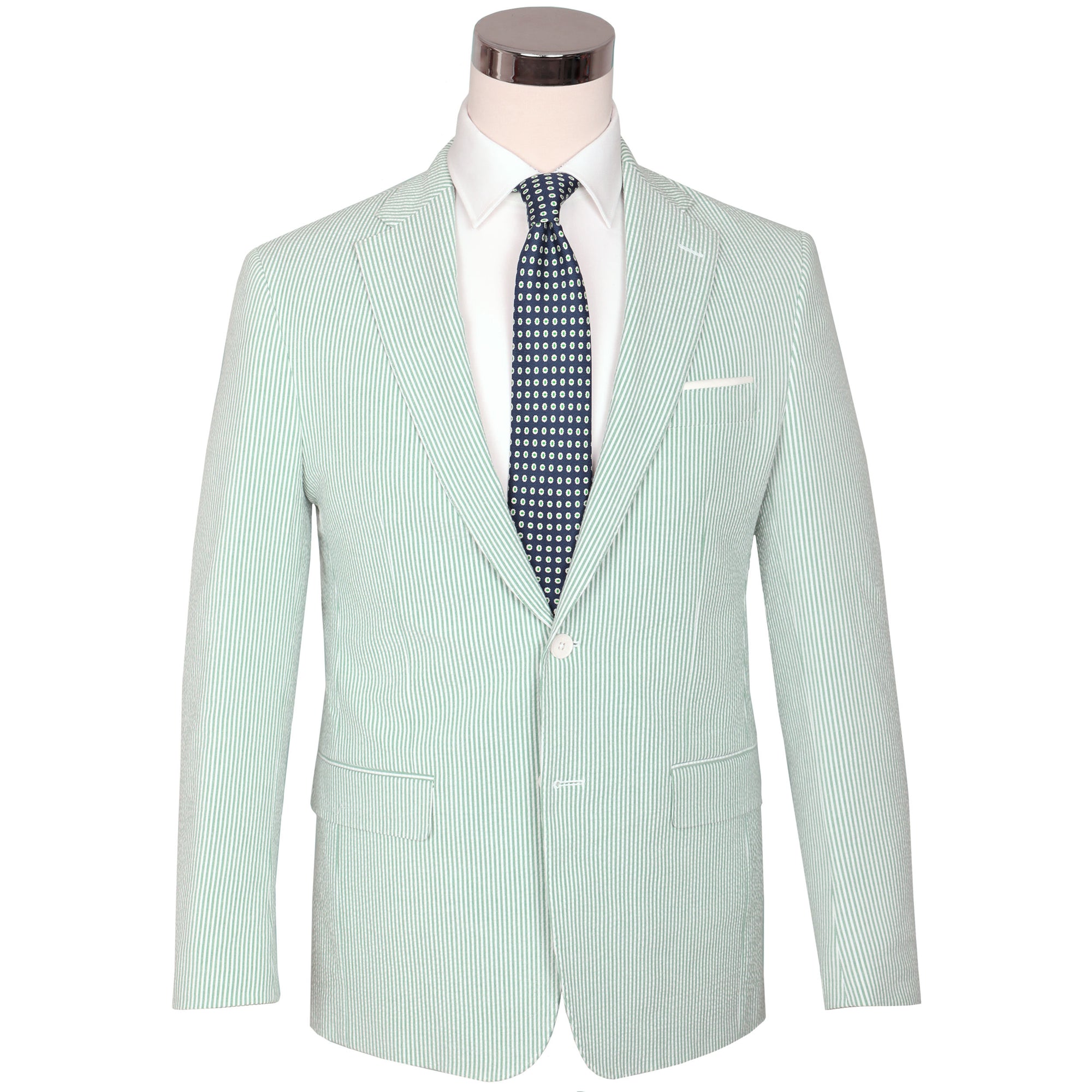 The chill of a pewter cup, the finish of a fine Kentucky bourbon, & the crunch of that good ice - get that Derby Day feeling in our refreshingly minty stretch seersucker.   97% Cotton / 3% Lycra Haspel Exclusive Seersucker Stretch Fabric • Maximized Seersucker Pucker • Audubon Classic Fit • Natural Shoulder • Two Buttons • Flap Pockets • 3/4 Lined for Maximum Cool • Side Vents • Notch Lapel • Dry Clean • Made in USA