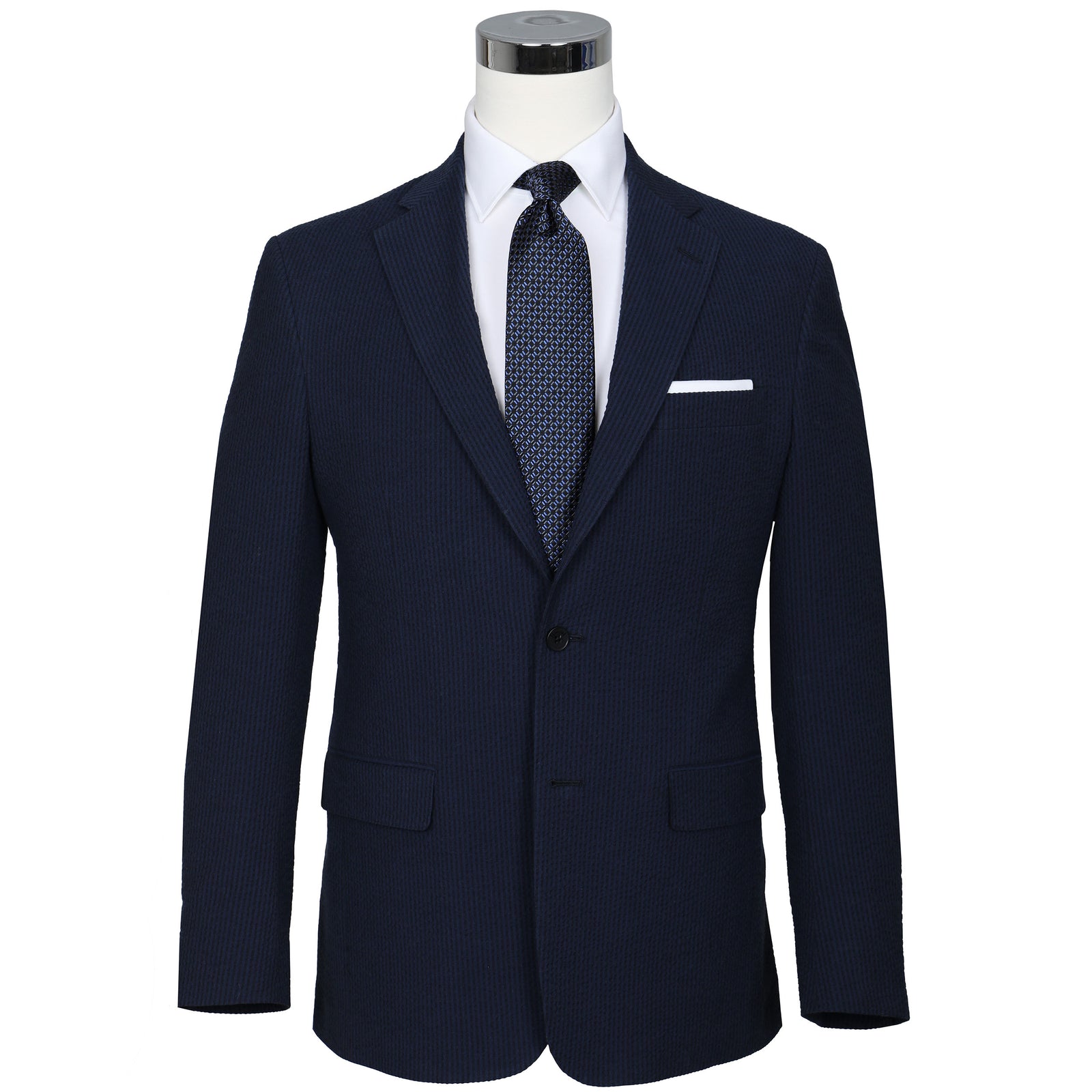 A nod to one of our favorite New Orleans cocktails, spiced with the warmth of cognac. Navy spiced up with the worlds best seersucker pucker. Always cool.   97% Cotton / 3% Lycra Haspel Exclusive Seersucker Stretch Fabric  •  Maximized Seersucker Pucker  •  Audubon Classic Fit  •  Natural Shoulder  •  Two Buttons  •  Flap Pockets  •  3/4 Lined for Maximum Cool  •  Side Vents  •  Notch Lapel  •  Dry Clean  •  Made in USA
