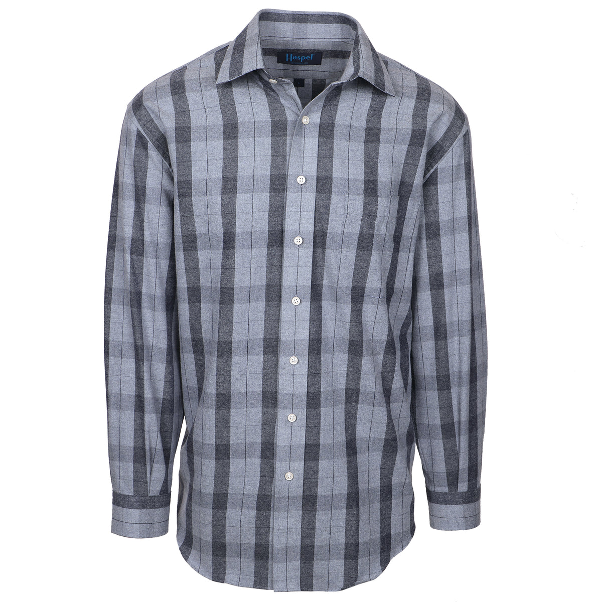 Denim toned plaid and ready to go. Lightweight brushed cotton for style and comfort.  100% Cotton • Long Sleeve • Spread Collar • Chest Pocket • Classic Fit