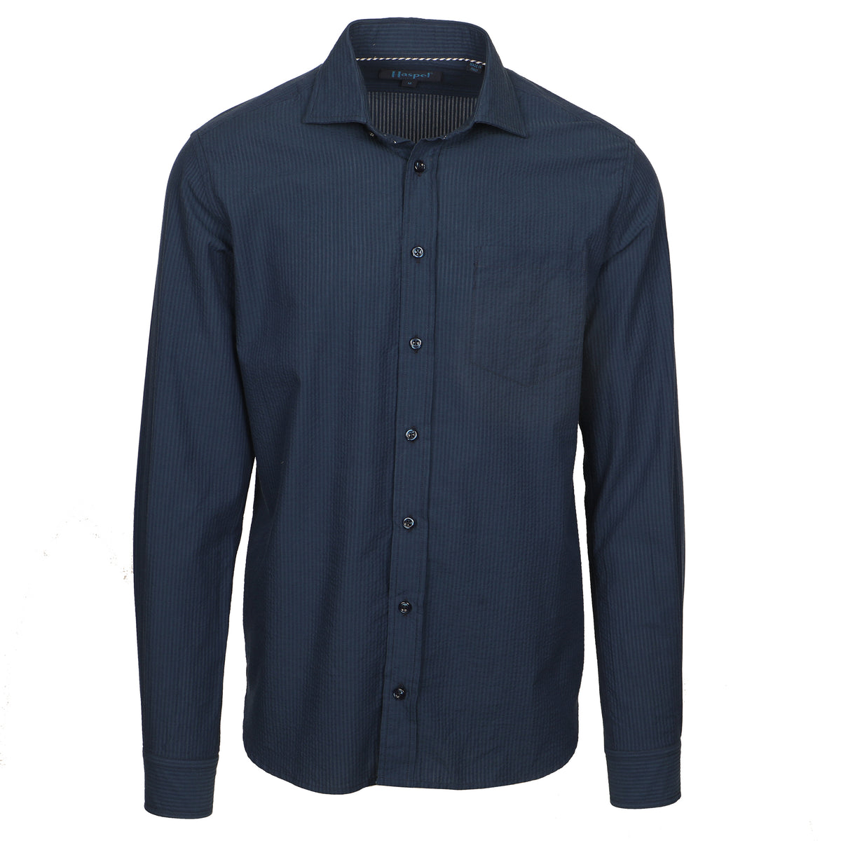 Seersucker all year long in a huey blue seersucker shirt. Subtle, lightweight, and a texture they begs a second look.  100% Cotton Seersucker  •  Spread Collar  •  Long Sleeve  •  Chest Pocket  •  Machine Washable  •  Made in Italy