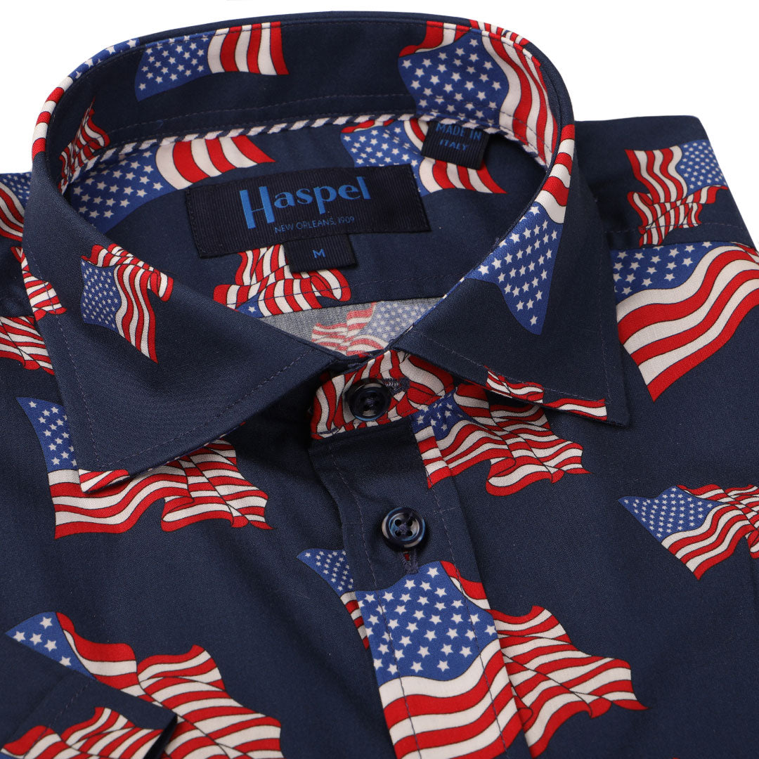 Donning our favorite stripes and stars, of course will have you July 4th ready in no time. Independence Day or any day. Classic all American style just for you.  100% Cotton  •  Spread Collar  •  Short Sleeve  •  No Chest Pocket  •  Machine Washable  •  Made in Italy