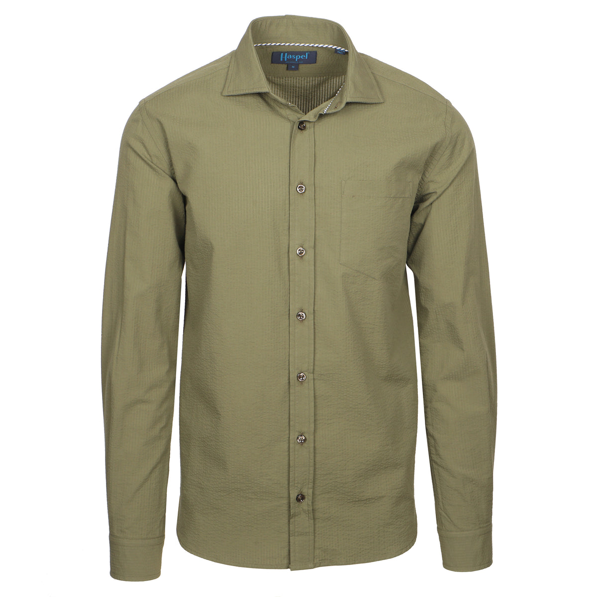 Seersucker all year long in a green olive seersucker shirt. Subtle, lightweight, and a texture they begs a second look.  100% Cotton Seersucker  •  Spread Collar  •  Long Sleeve  •  Chest Pocket  •  Machine Washable  •  Made in Italy