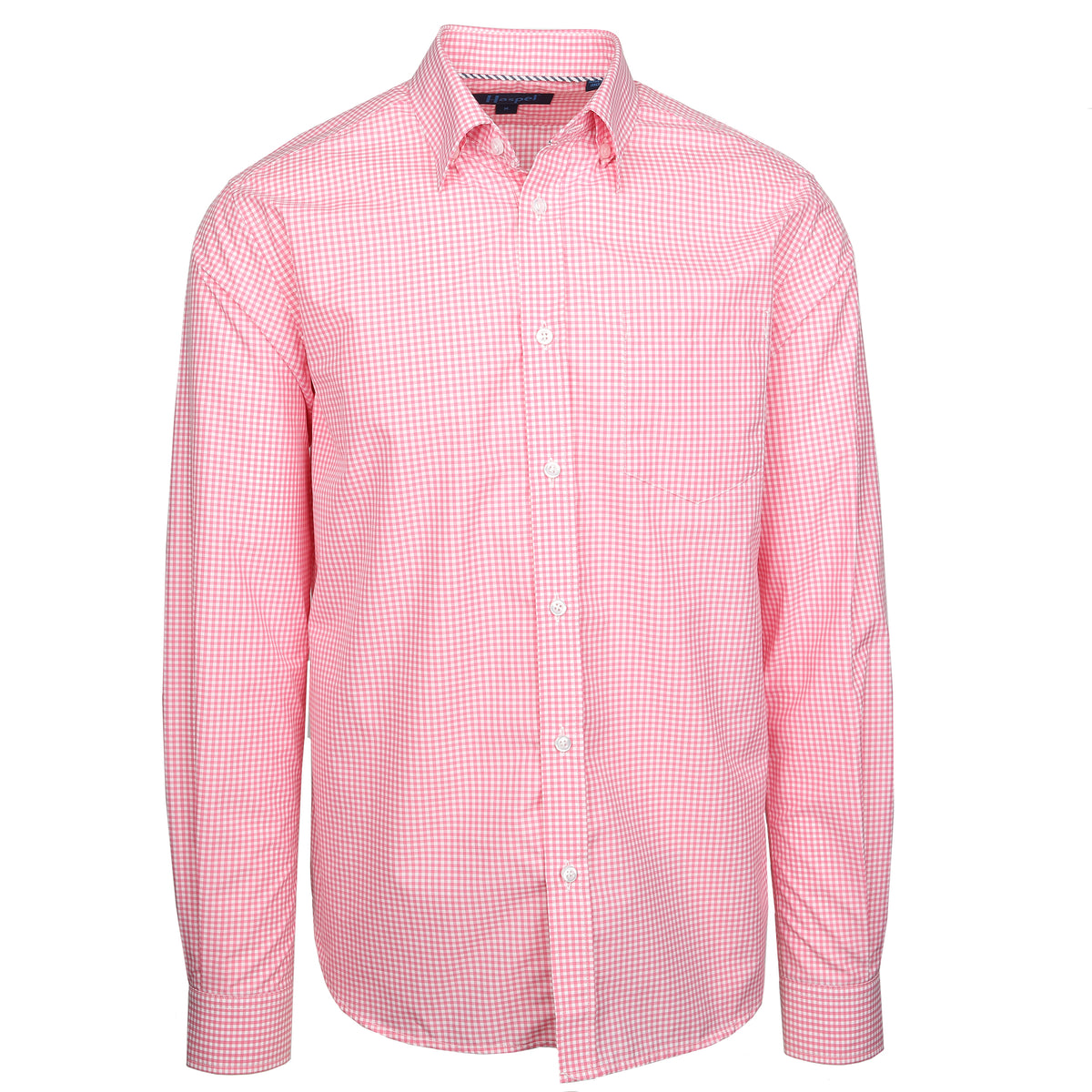 Pink gingham and the luxury of 100% Italian made cotton canvas is the look that checks all the boxes.  100% Cotton • Hidden Button Collar • Long Sleeve • Chest Pocket • Machine Washable • Made in Italy
