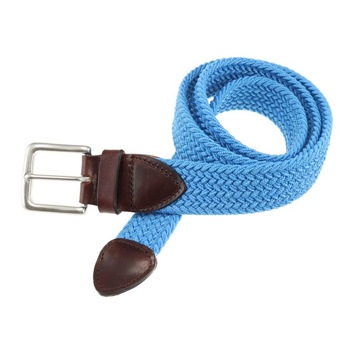 Crafted to add a rich style to any look, our Haspel x T.B. Phelps Collaboration, the Blue Braided Belt features a Briar Waxy leather tab, antique nickel finish buckle, and four color choices of braided elastic.   Braided elastic  •  Briar Waxy Leather Points  •  1-3/8&quot; wide  •  Antique Nickel Finish Buckle  •  Available in Blue, White, Navy or Black  •  Imported  •  Always order belts one size above your natural waist size.  •  Return Policy