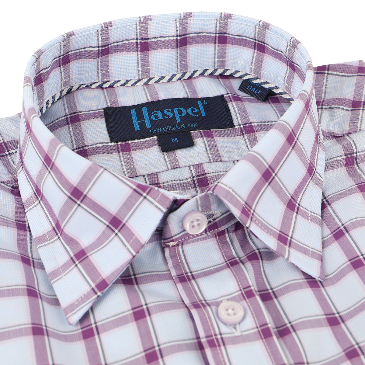 Bold lavender check and the luxury of 100% Italian made cotton is the look that checks all the boxes.  100% Cotton • Hidden Button Collar • Long Sleeve • Chest Pocket • Machine Washable • Made in Italy
