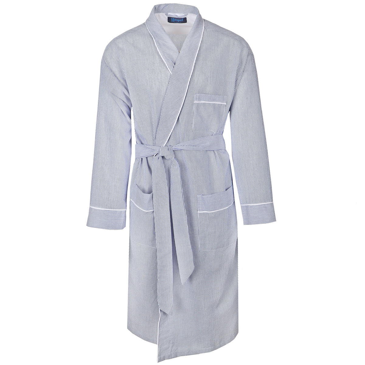 Soft and light and oh-so-right. Our seersucker robe is perfect for those lazy days around the house. Looks stunning while scratching absolutely nothing off of your honey-do list.  Unlined  •  Machine Washable  •  100% Cotton Seersucker  •  Left Chest Pocket  •  Two Patch Pockets  •  Inner Tie  •  Outer Belt Tie with Loops  •  Navy &amp; White Seersucker  •  One Size Fits All  •  Imported