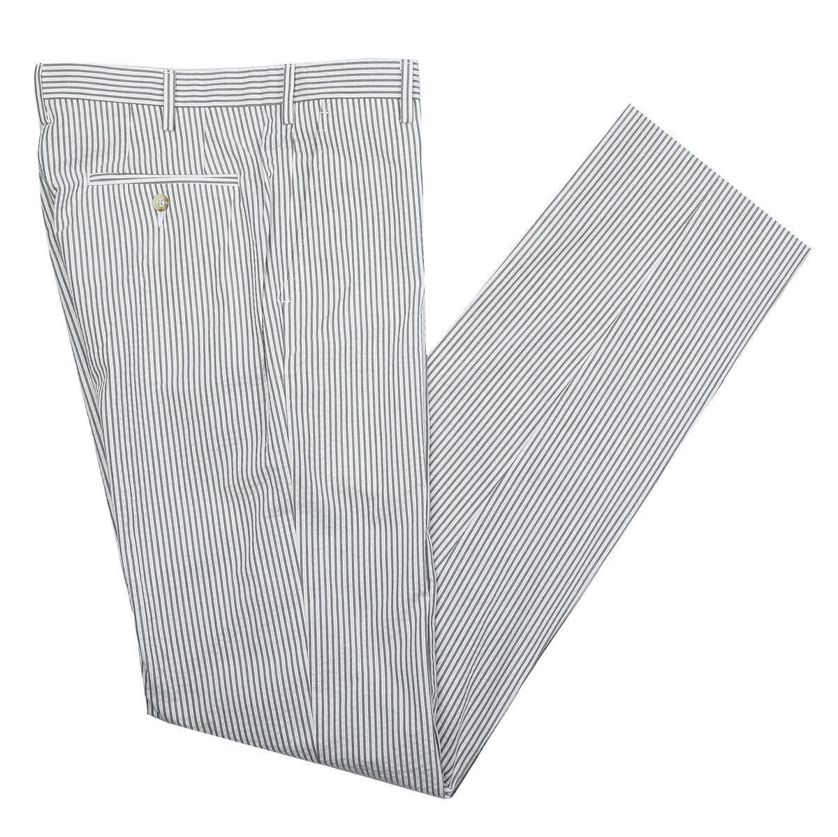 Experience the breezy, classic charm of our Algiers Gray / White Seersucker Pant. These stunning New Orleans-inspired trousers are perfect for your next summer outing. Cut from lightweight seersucker fabric, they combine timeless Tan and White stripes with a relaxed fit for unbeatable comfort and style. Try them this season for a look that radiates effortless elegance!  100% Cotton Seersucker • Algiers Fit • Flat Front • Tab Button Closure • Unfinished Bottom (37.5&quot;) • Dry Clean • Imported