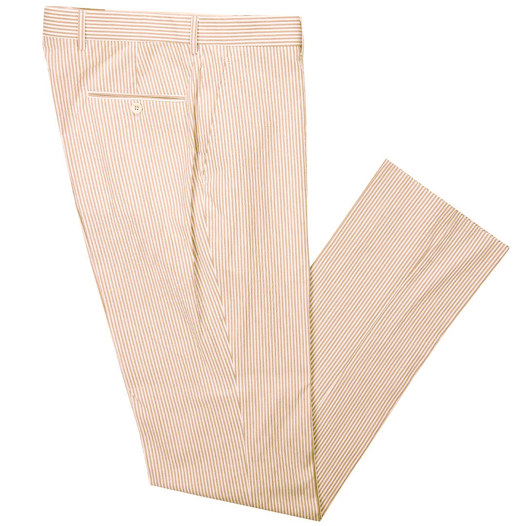 Crawfish, crab or lobster bisque? We don't care as long, as it's in that creamy, comforting creole base. Seersucker stretch, ultimate comfort, just add crawfish. Our pants are unfinished with a 37.5" inseam, enough length to cuff or not cuff, your call.   97% Cotton / 3% Lycra Haspel Exclusive Seersucker Stretch Fabric • Maximized Seersucker Pucker • Audubon Classic Fit • Flat Front • Unfinished Bottom (37.5") • Dry Clean • Made in U