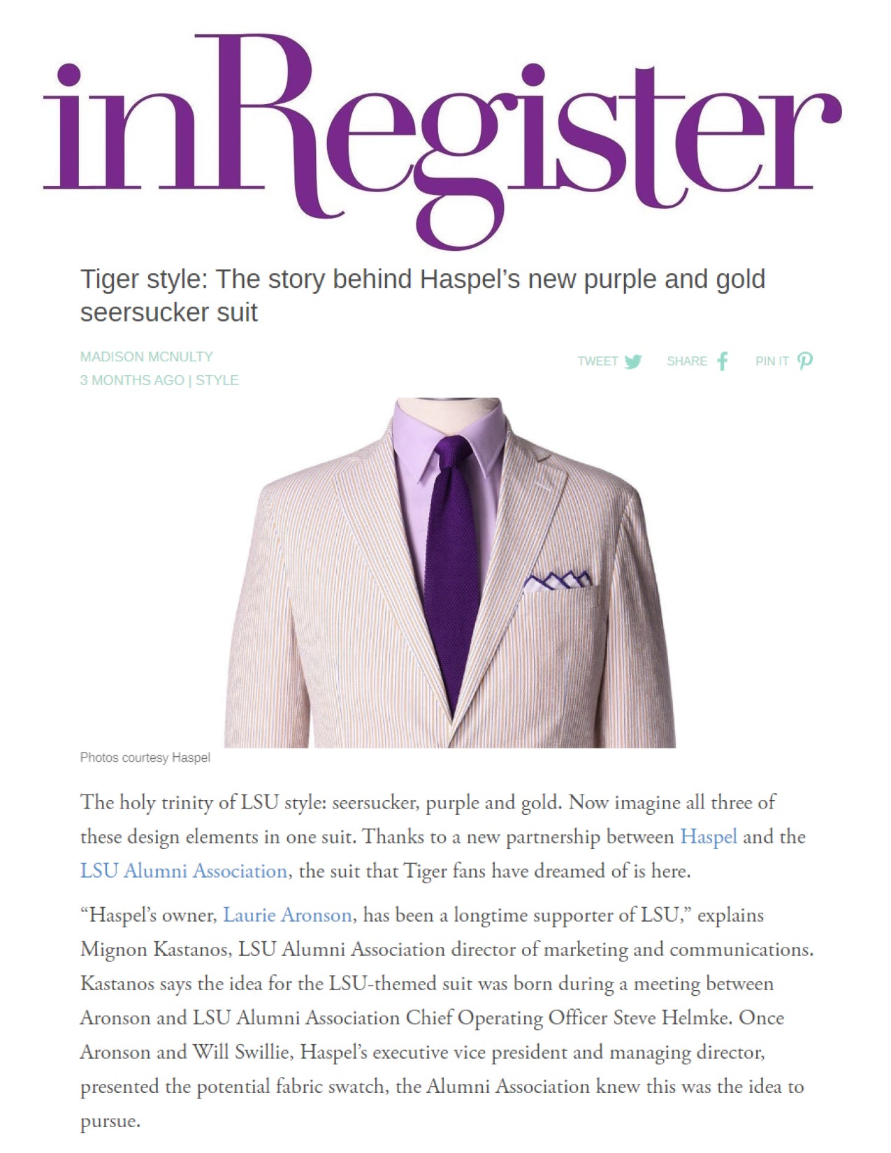 Tiger style: The story behind Haspel’s new purple and gold seersucker suit | InRegister | SEPTEMBER 2019