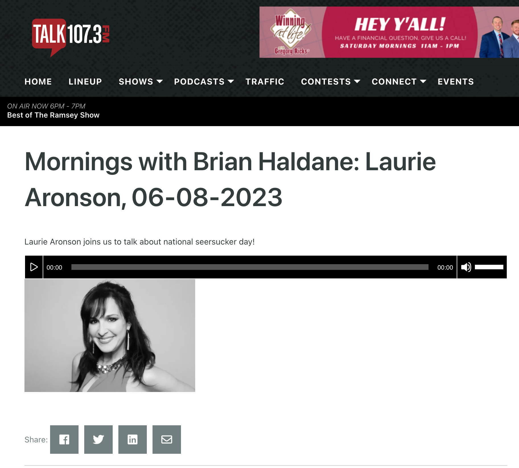 TALK 107.3FM - Mornings with Brian Haldane: Laurie Aronson, 06-08-2023